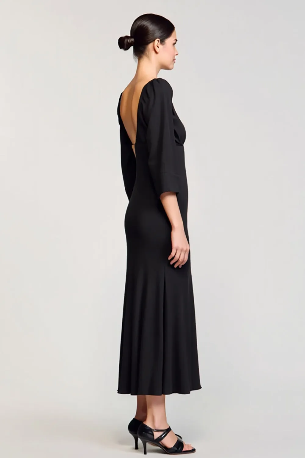 Black Satin Square Neck Long Wedding Guest Dress with 3/4 Sleeves sold by Zapaka product image thumbnail 2