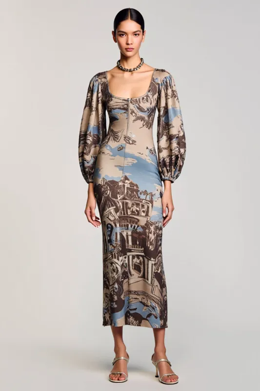 Long Sleeve Printed Square Neck Coffee Wedding Guest Dress sold by Zapaka