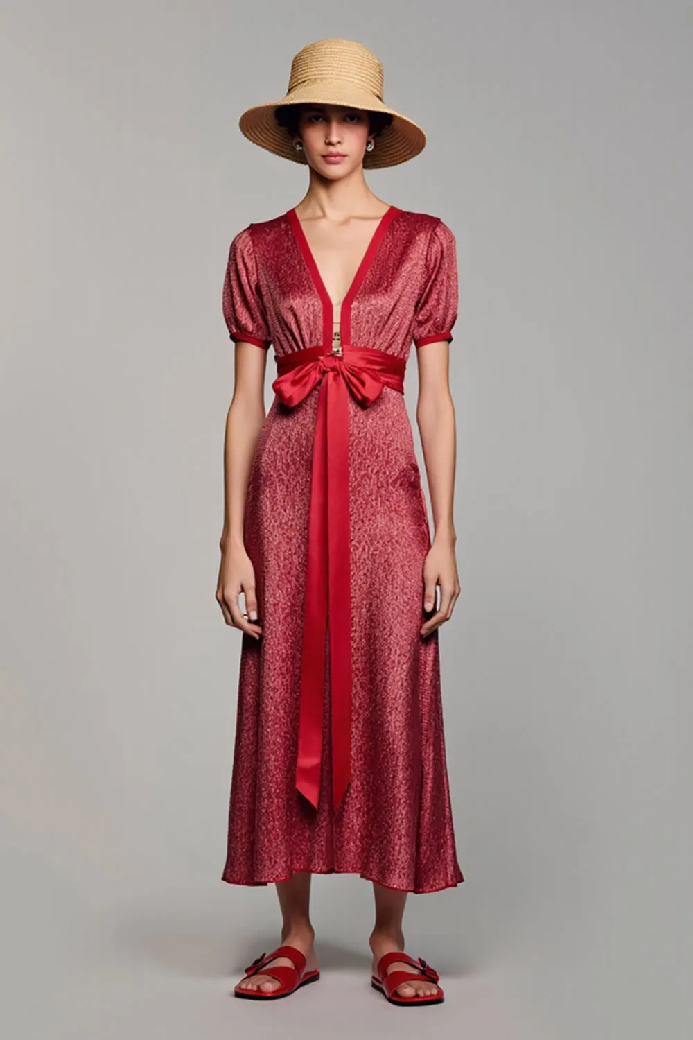 Red Satin V-Neck Long Wedding Guest Dress with Sleeves sold by Zapaka