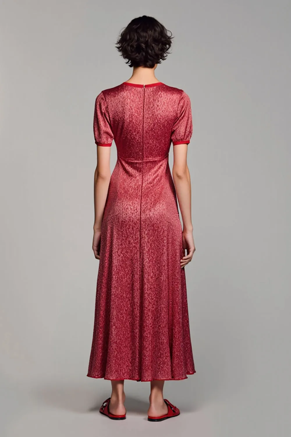 Red Satin V-Neck Long Wedding Guest Dress with Sleeves sold by Zapaka product image thumbnail 2