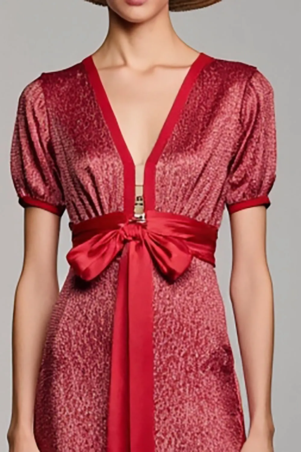 Red Satin V-Neck Long Wedding Guest Dress with Sleeves sold by Zapaka product image thumbnail 3
