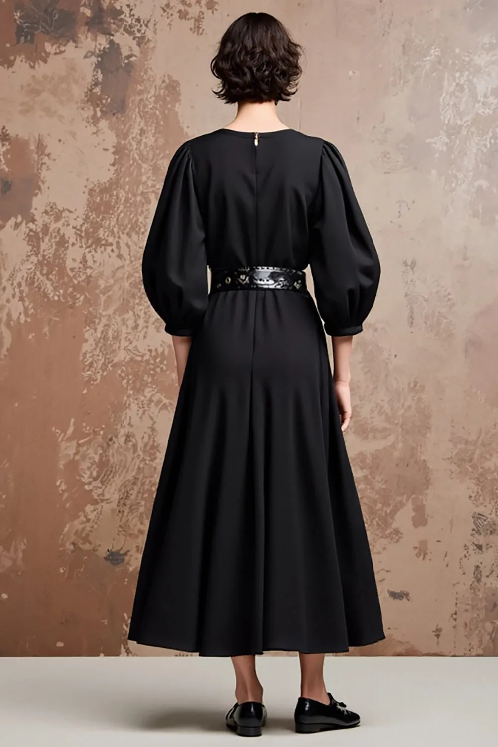 Black V-Neck A Line Midi Wedding Guest Dress with Half Sleeves sold by Zapaka product image thumbnail 2