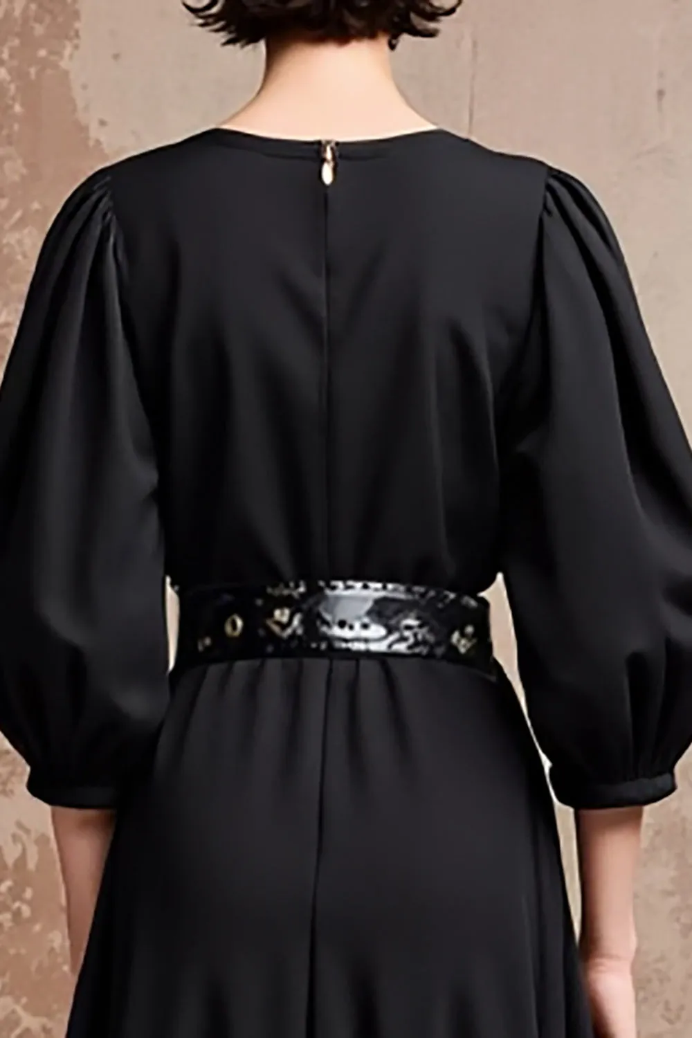 Black V-Neck A Line Midi Wedding Guest Dress with Half Sleeves sold by Zapaka product image thumbnail 4