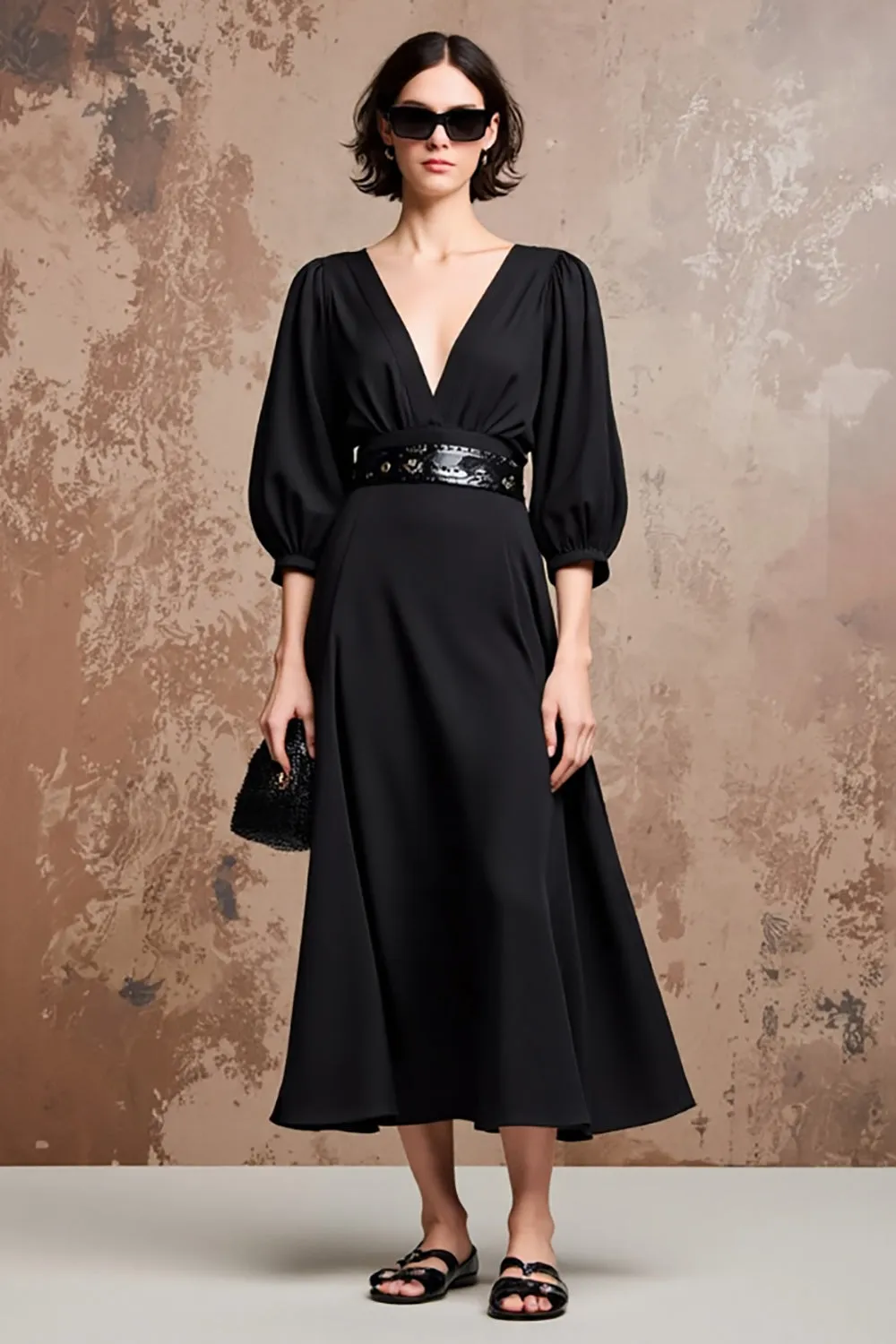 Black V-Neck A Line Midi Wedding Guest Dress with Half Sleeves sold by Zapaka