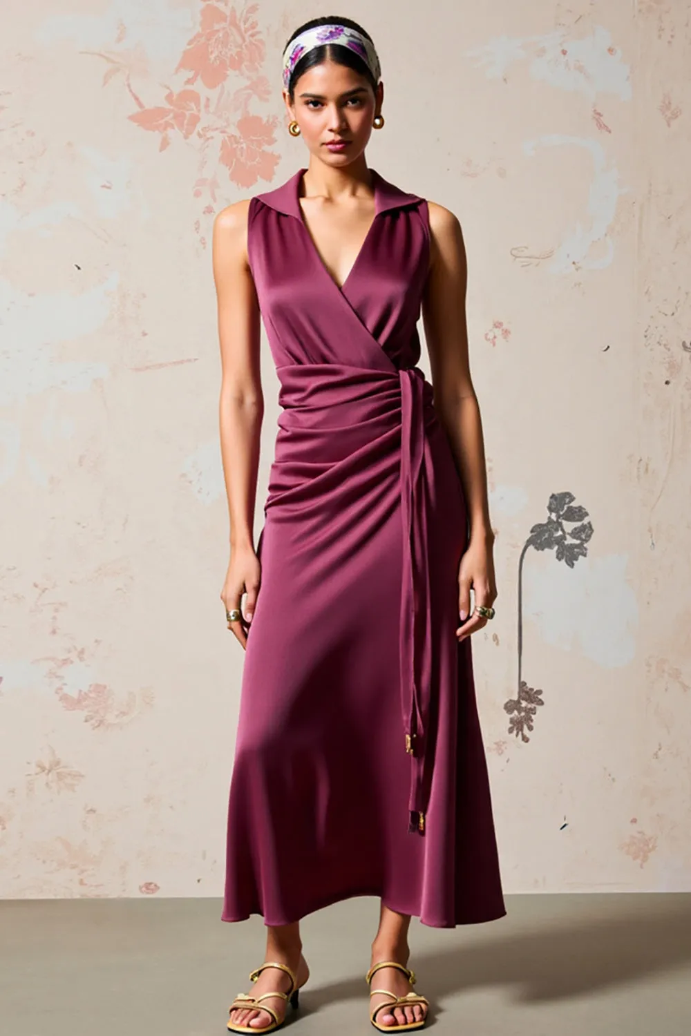 Burgundy Satin Ruched Long Wedding Guest Dress sold by Zapaka