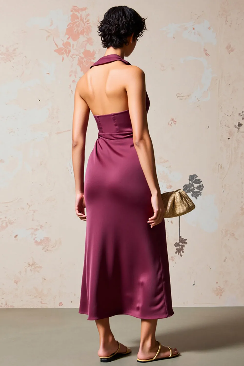 Burgundy Satin Ruched Long Wedding Guest Dress sold by Zapaka product image thumbnail 2