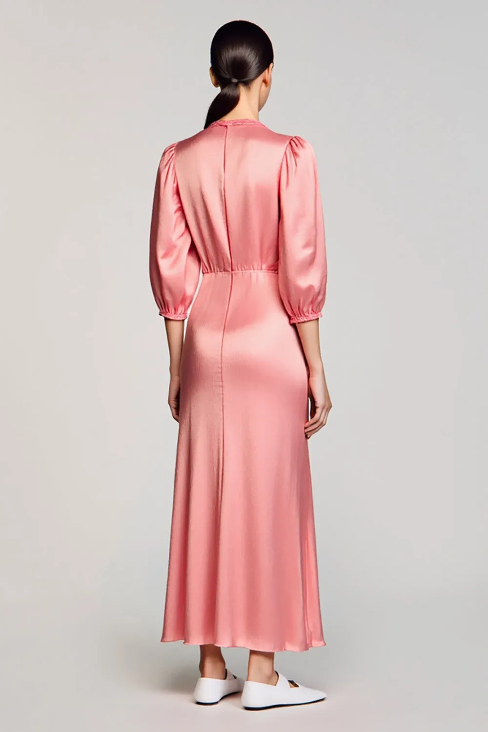 Pink Satin Sheath V-Neck Wedding Guest Dress with Sleeves sold by Zapaka product image thumbnail 2