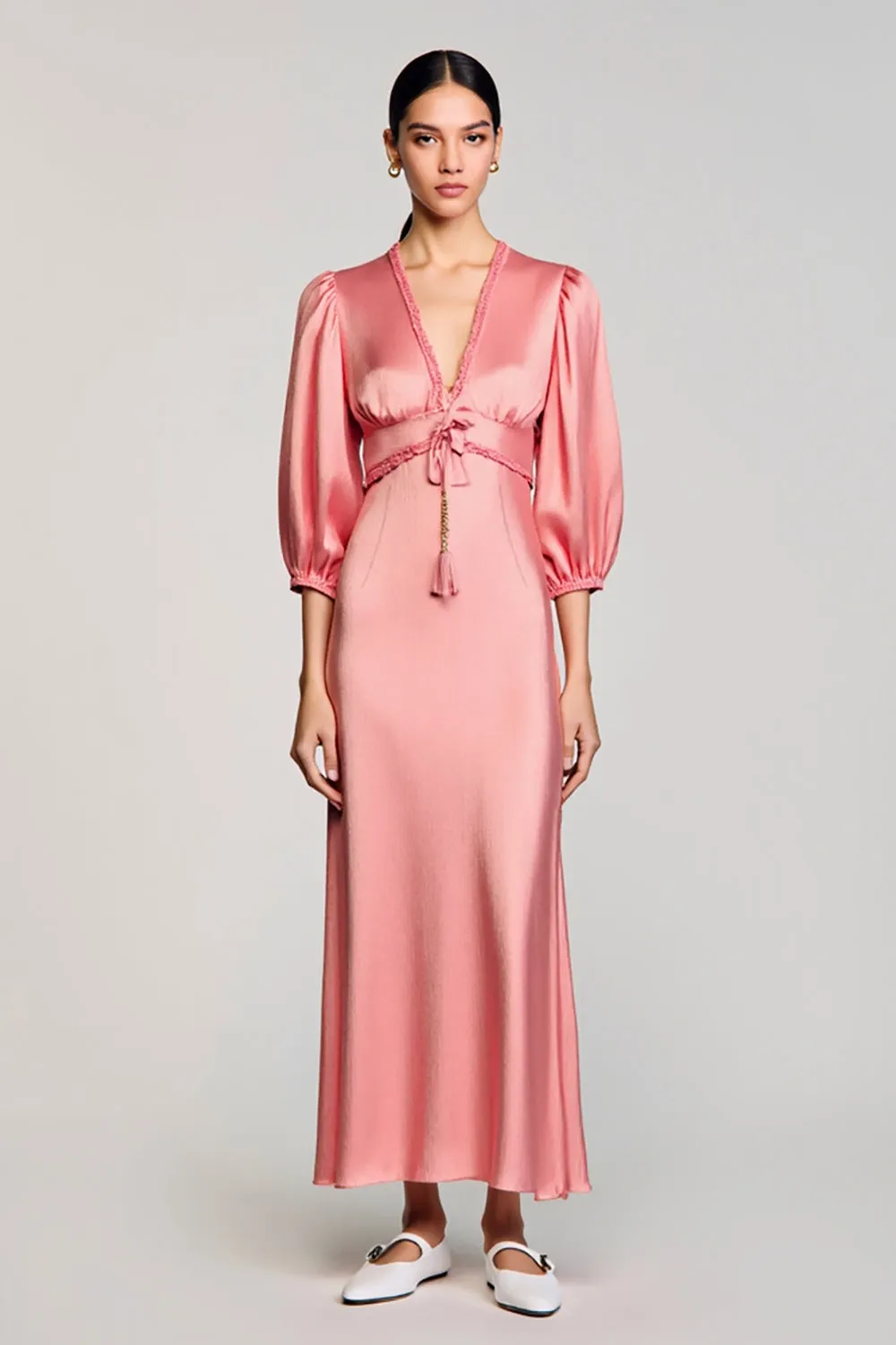 Pink Satin Sheath V-Neck Wedding Guest Dress with Sleeves sold by Zapaka