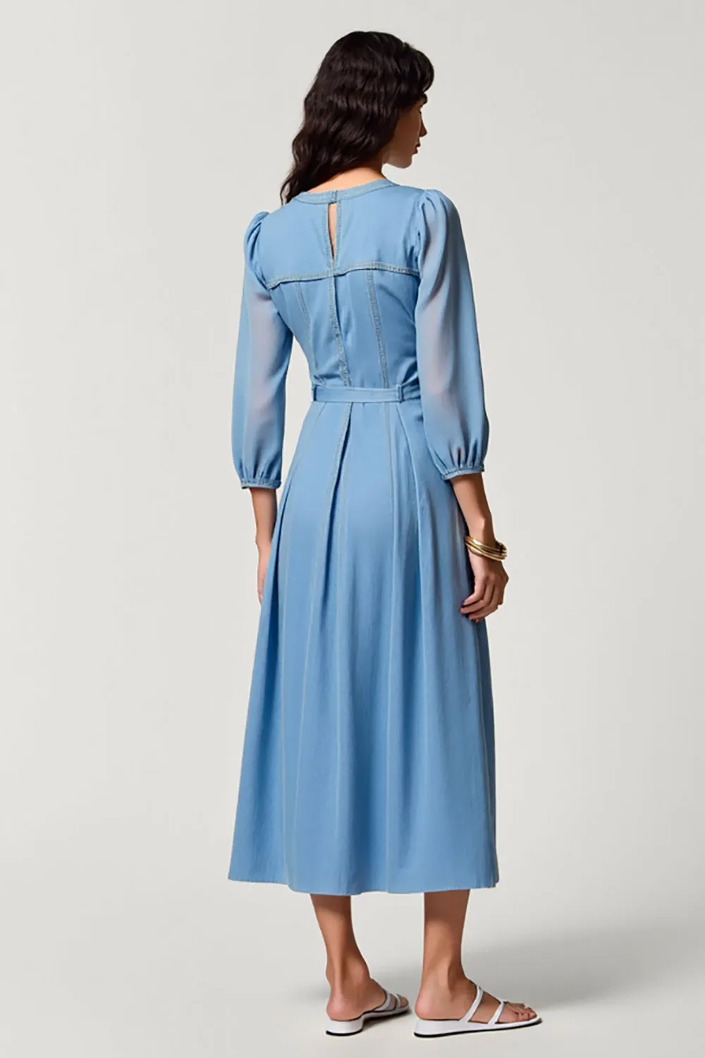Blue A Line Keyhole Midi Bow Wedding Guest Dress with 3/4 Sleeves sold by Zapaka product image thumbnail 2