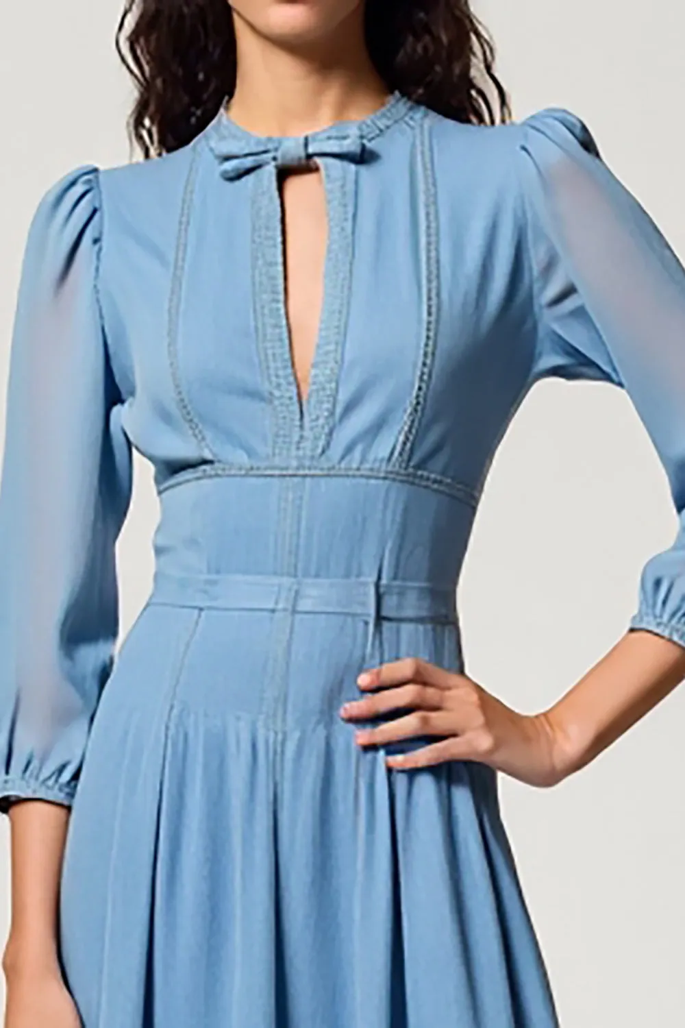 Blue A Line Keyhole Midi Bow Wedding Guest Dress with 3/4 Sleeves sold by Zapaka product image thumbnail 3