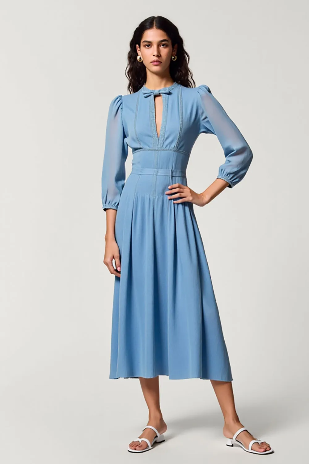 Blue A Line Keyhole Midi Bow Wedding Guest Dress with 3/4 Sleeves sold by Zapaka