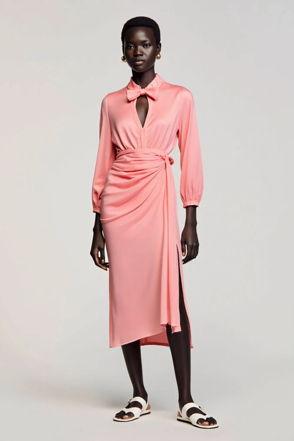 Pink Satin Ruched Wedding Guest Dress with Bow sold by Zapaka