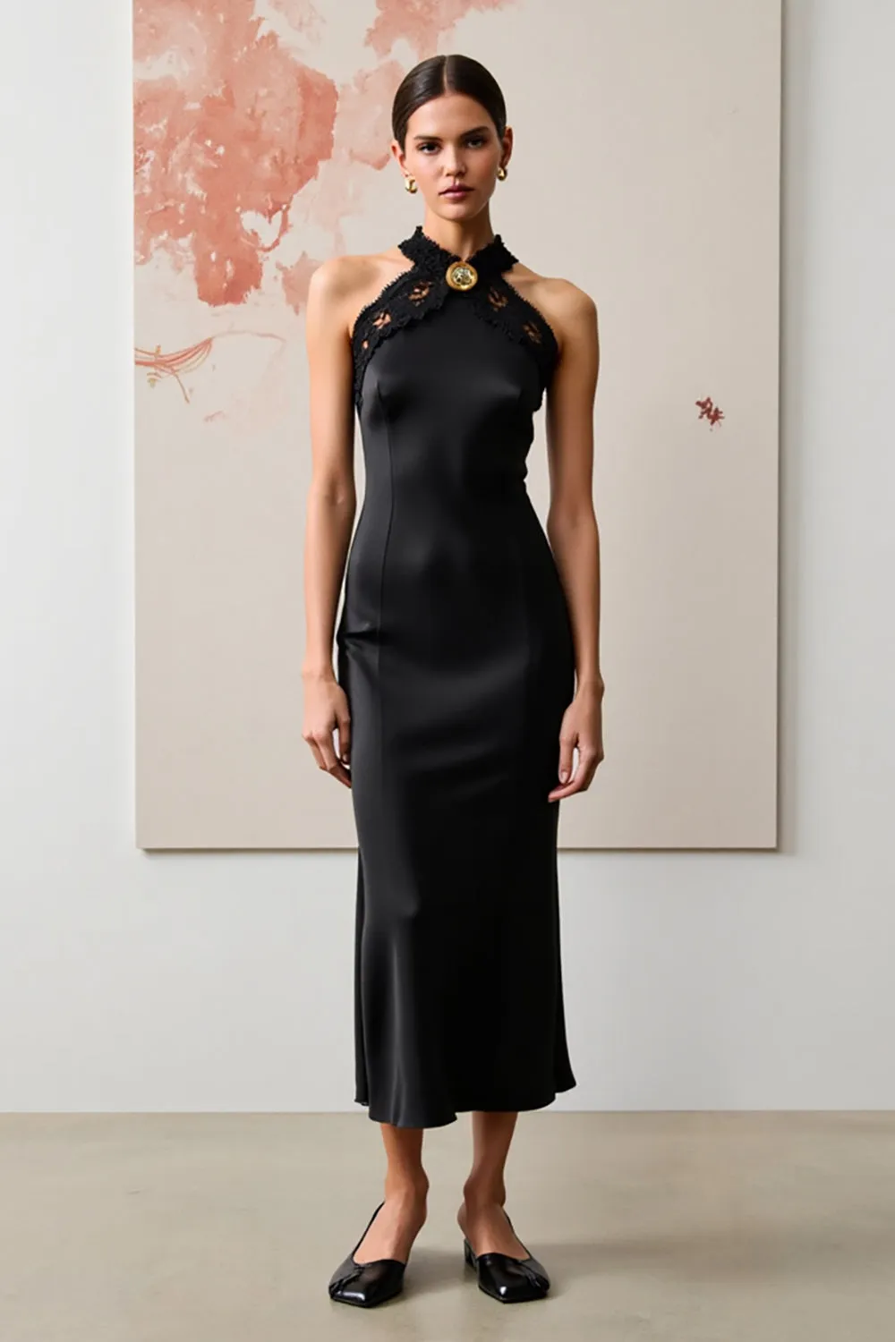 Black Halter Wedding Guest Dress with Lace sold by Zapaka