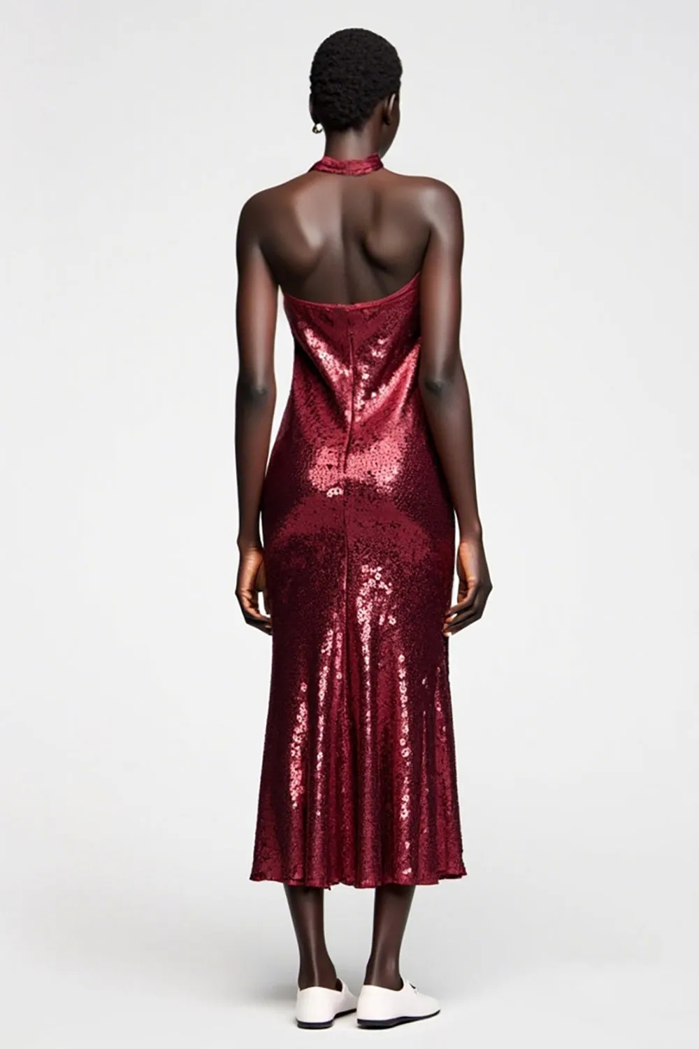 Sparkly Dark Red Sequins Halter Wedding Guest Dress sold by Zapaka product image thumbnail 2