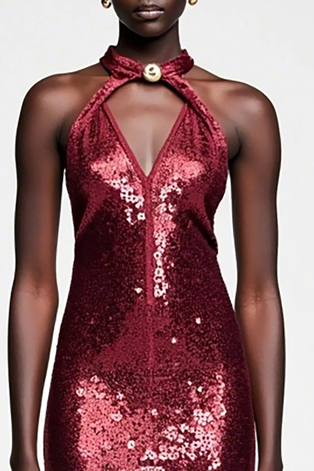 Sparkly Dark Red Sequins Halter Wedding Guest Dress sold by Zapaka product image thumbnail 3