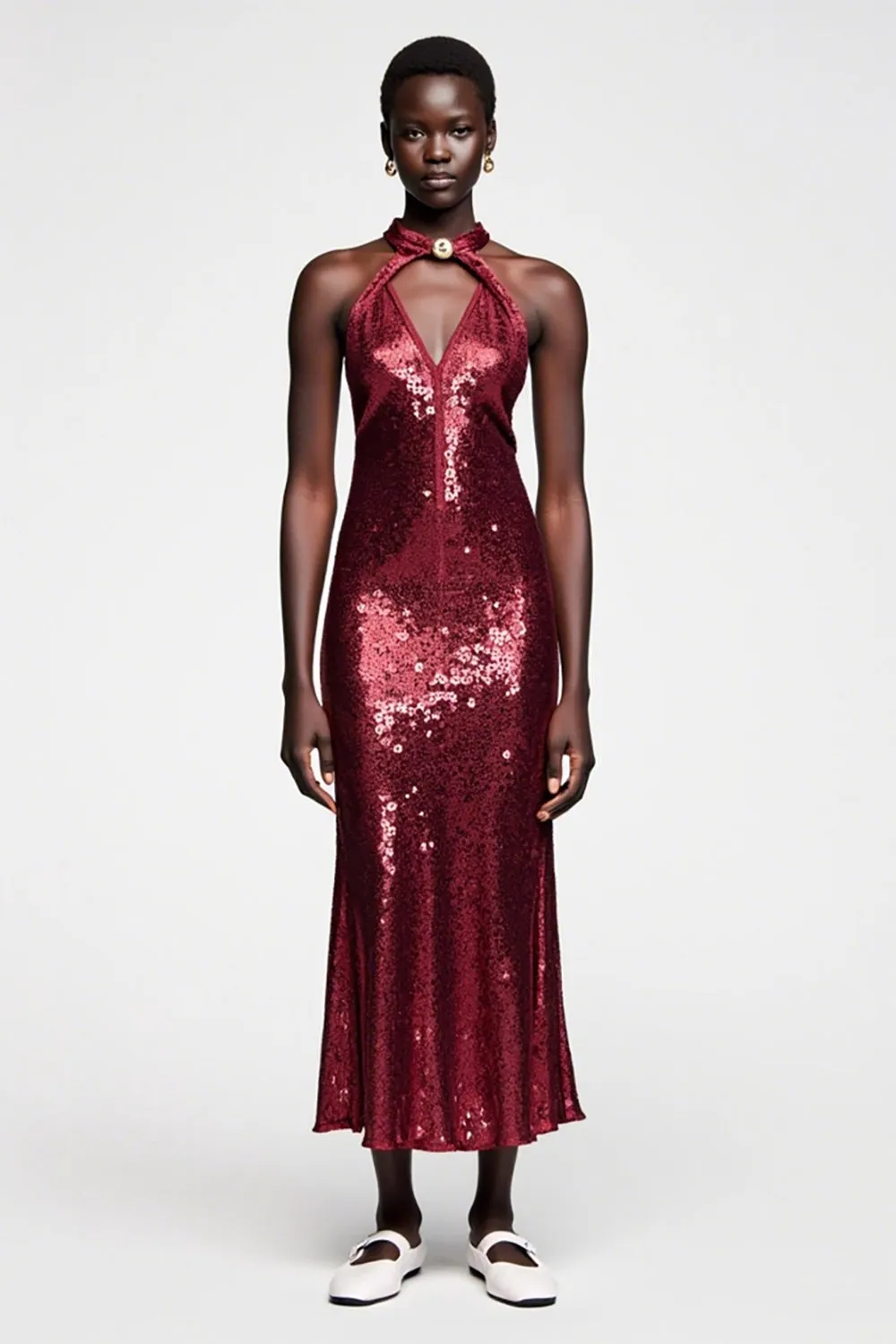 Sparkly Dark Red Sequins Halter Wedding Guest Dress sold by Zapaka