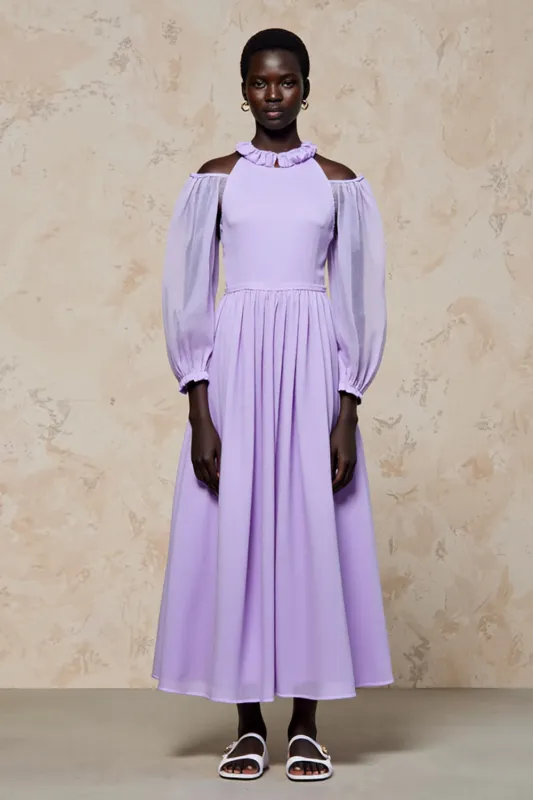 Cold Shoulder Purple A Line Long Wedding Guest Dress sold by Zapaka