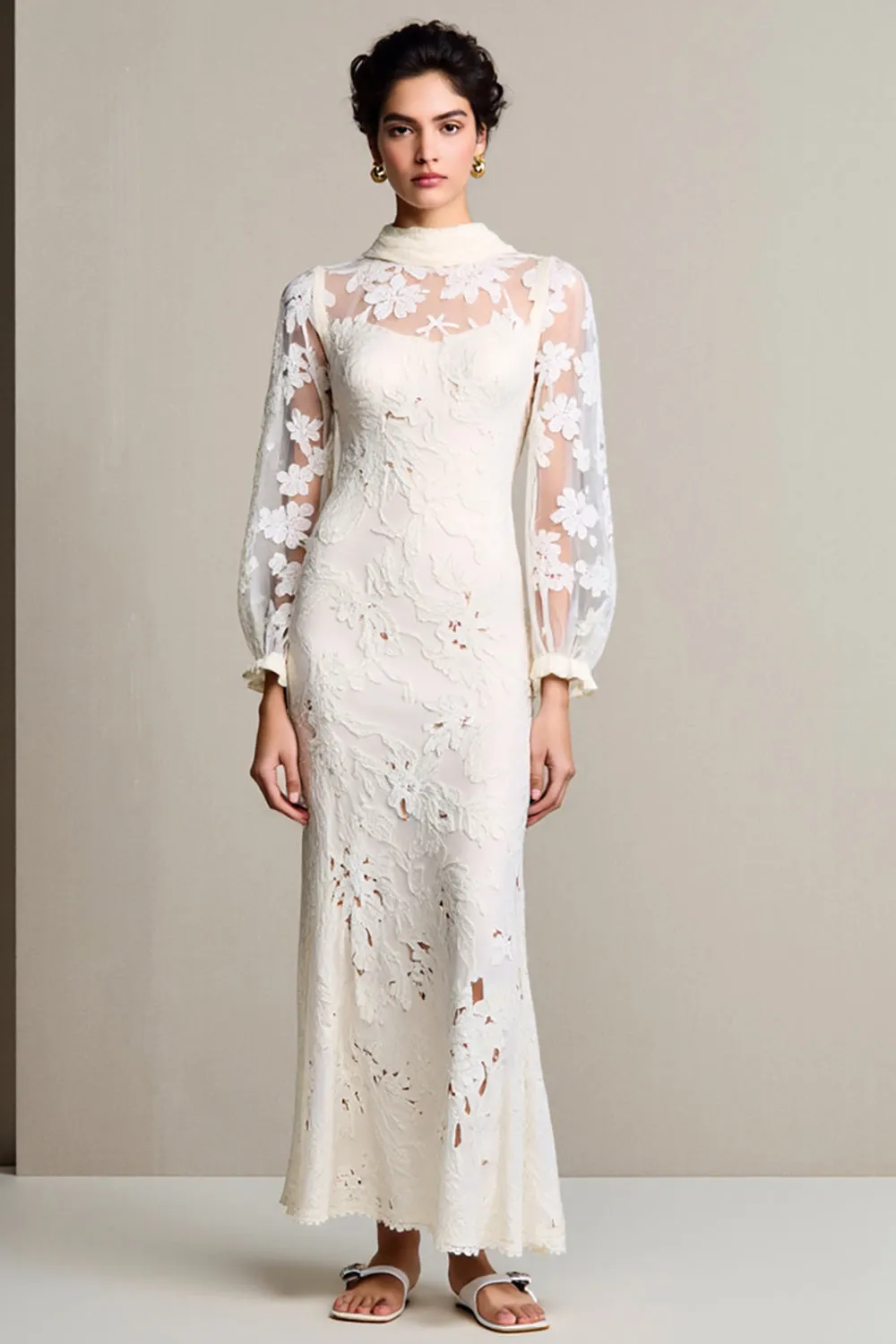 Lace Ivory Sheath Long Wedding Guest Dress sold by Zapaka