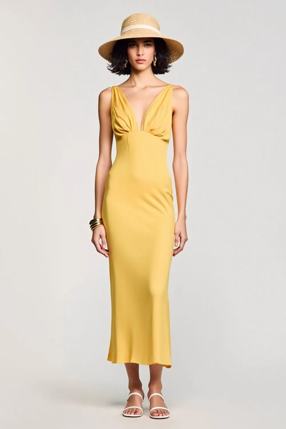 Yellow Sheath V Neck Ruched Wedding Guest Dress sold by Zapaka