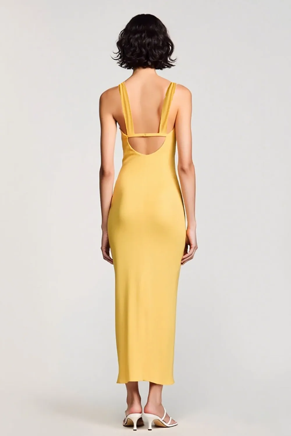 Yellow Sheath V Neck Ruched Wedding Guest Dress sold by Zapaka product image thumbnail 2