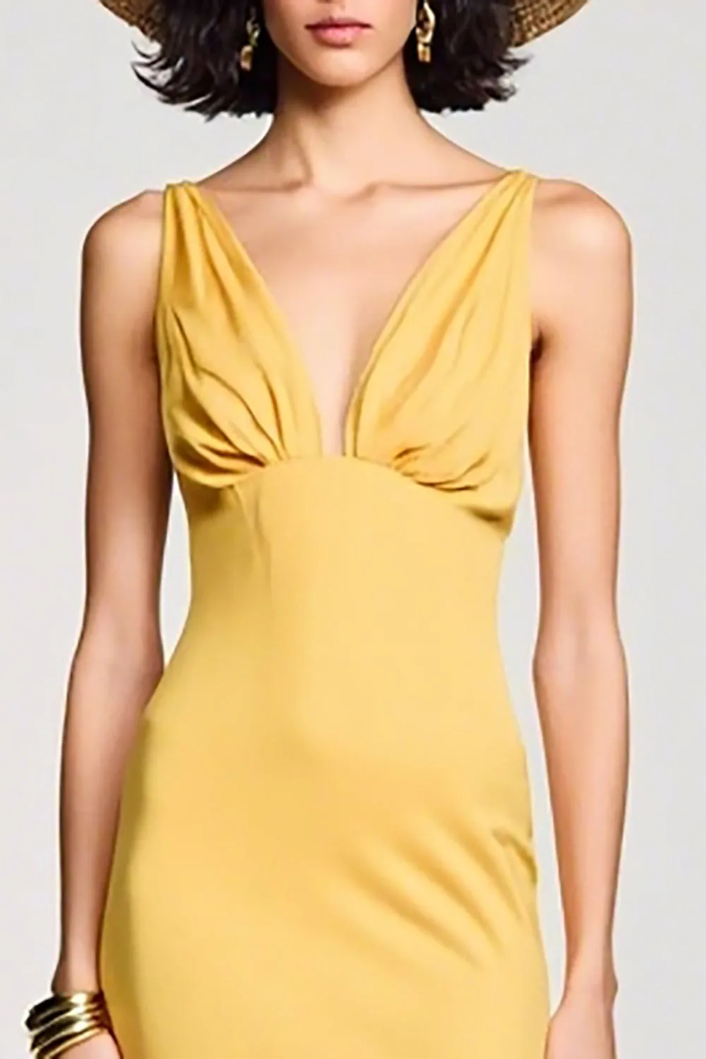 Yellow Sheath V Neck Ruched Wedding Guest Dress sold by Zapaka product image thumbnail 3