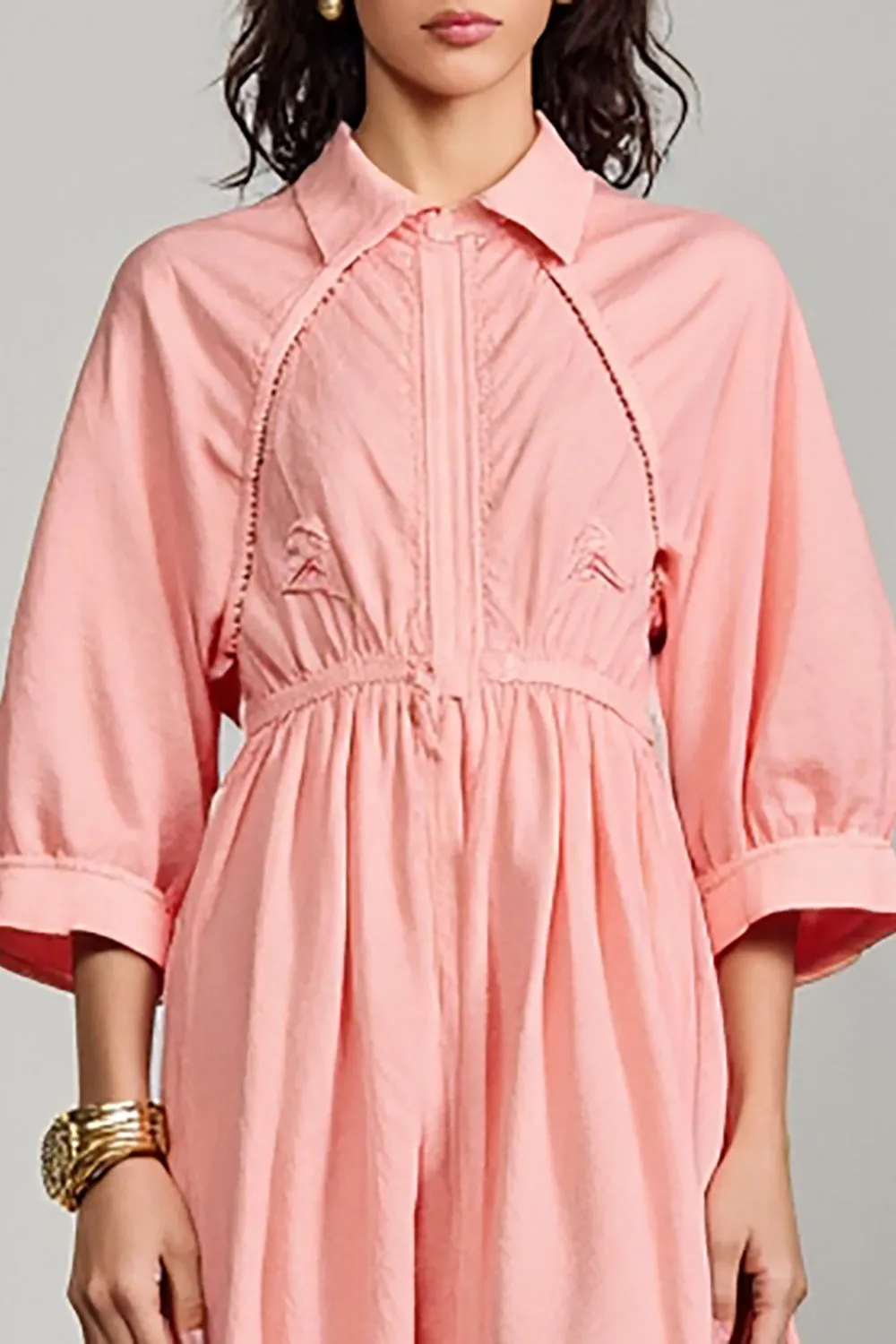 Pink Polo Collar A Line 3/4 Sleeve Wedding Guest Dress sold by Zapaka product image thumbnail 3