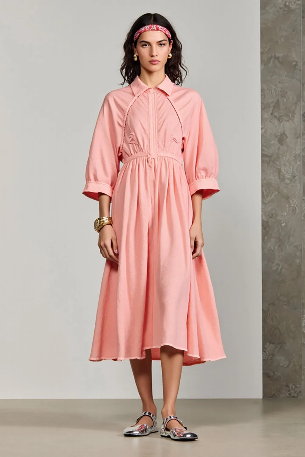 Pink Polo Collar A Line 3/4 Sleeve Wedding Guest Dress sold by Zapaka