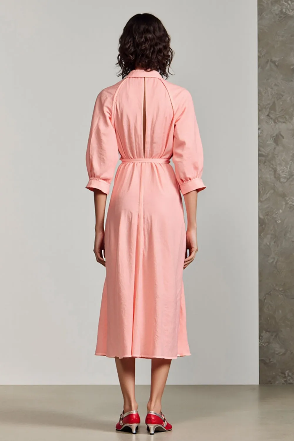 Pink Polo Collar A Line 3/4 Sleeve Wedding Guest Dress sold by Zapaka product image thumbnail 2