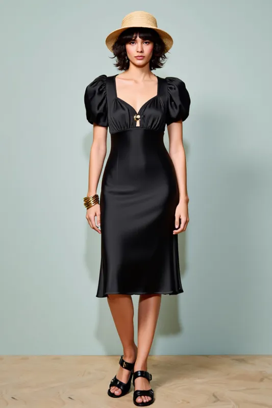 Black Puff Sleeve A Line Midi Wedding Guest Dress sold by Zapaka