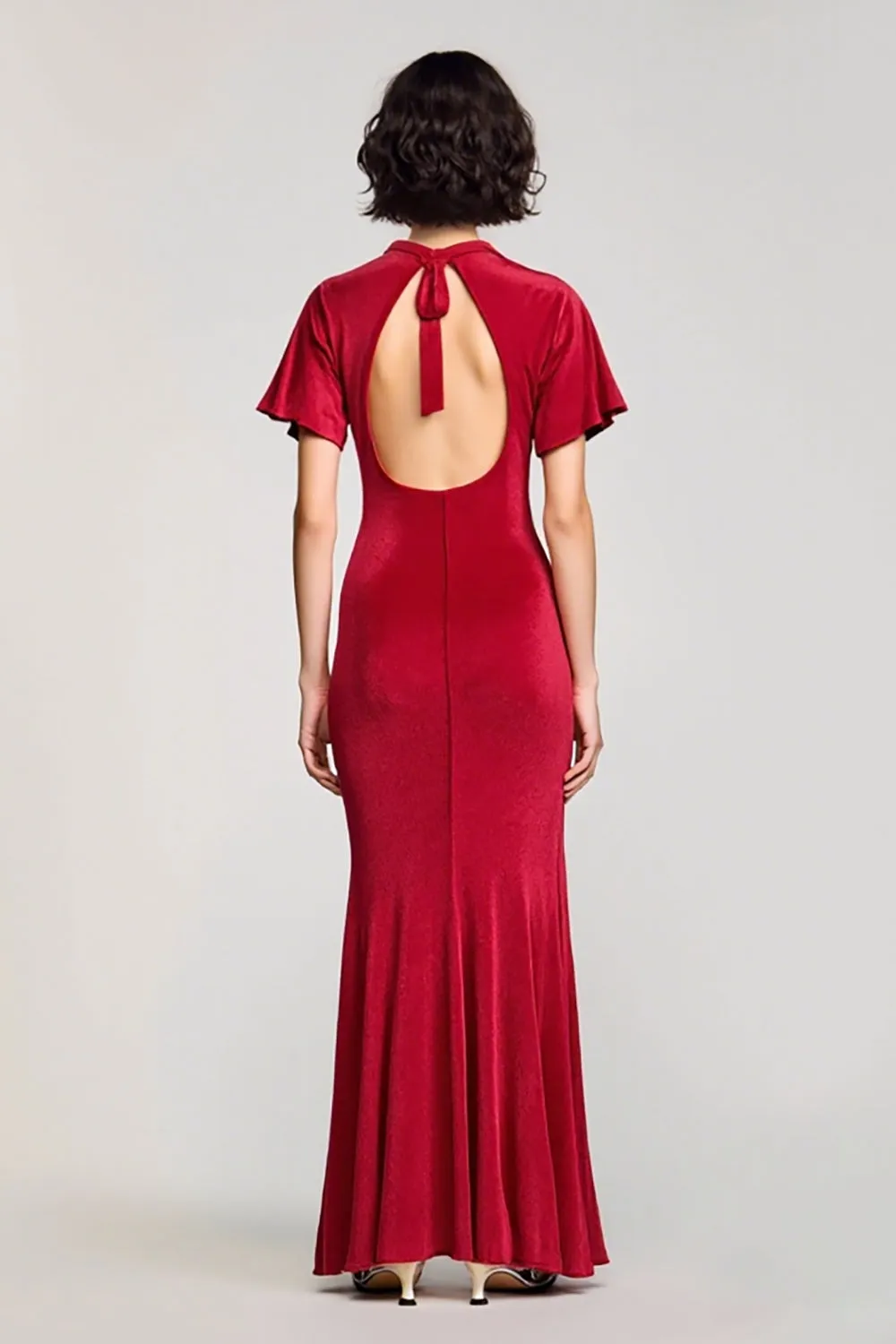 Velvet Red V Neck Wedding Guest Dress with Slit sold by Zapaka product image thumbnail 2