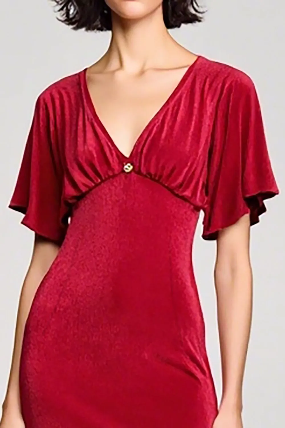 Velvet Red V Neck Wedding Guest Dress with Slit sold by Zapaka product image thumbnail 3