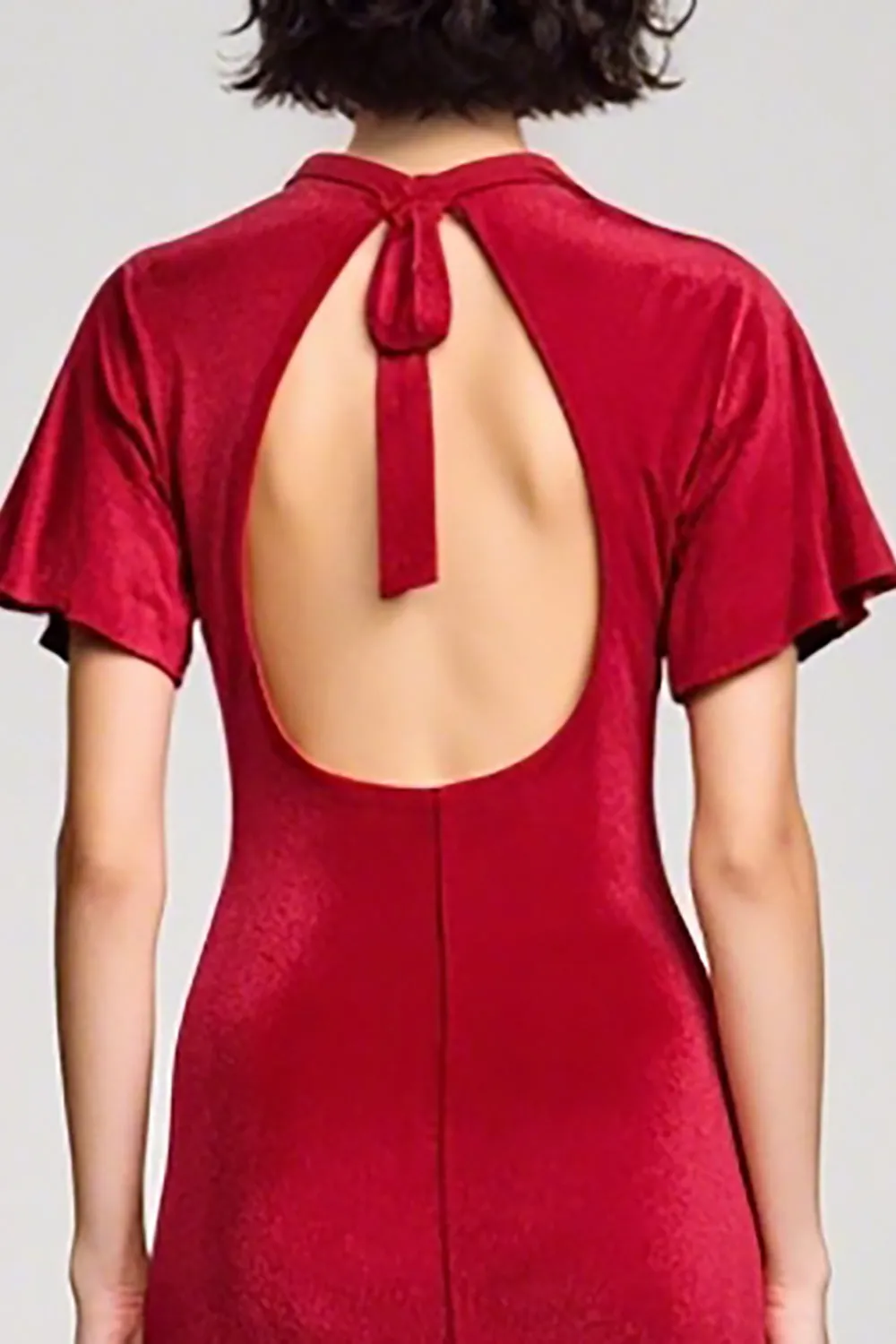 Velvet Red V Neck Wedding Guest Dress with Slit sold by Zapaka product image thumbnail 4