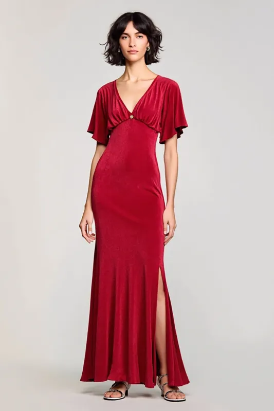 Velvet Red V Neck Wedding Guest Dress with Slit sold by Zapaka