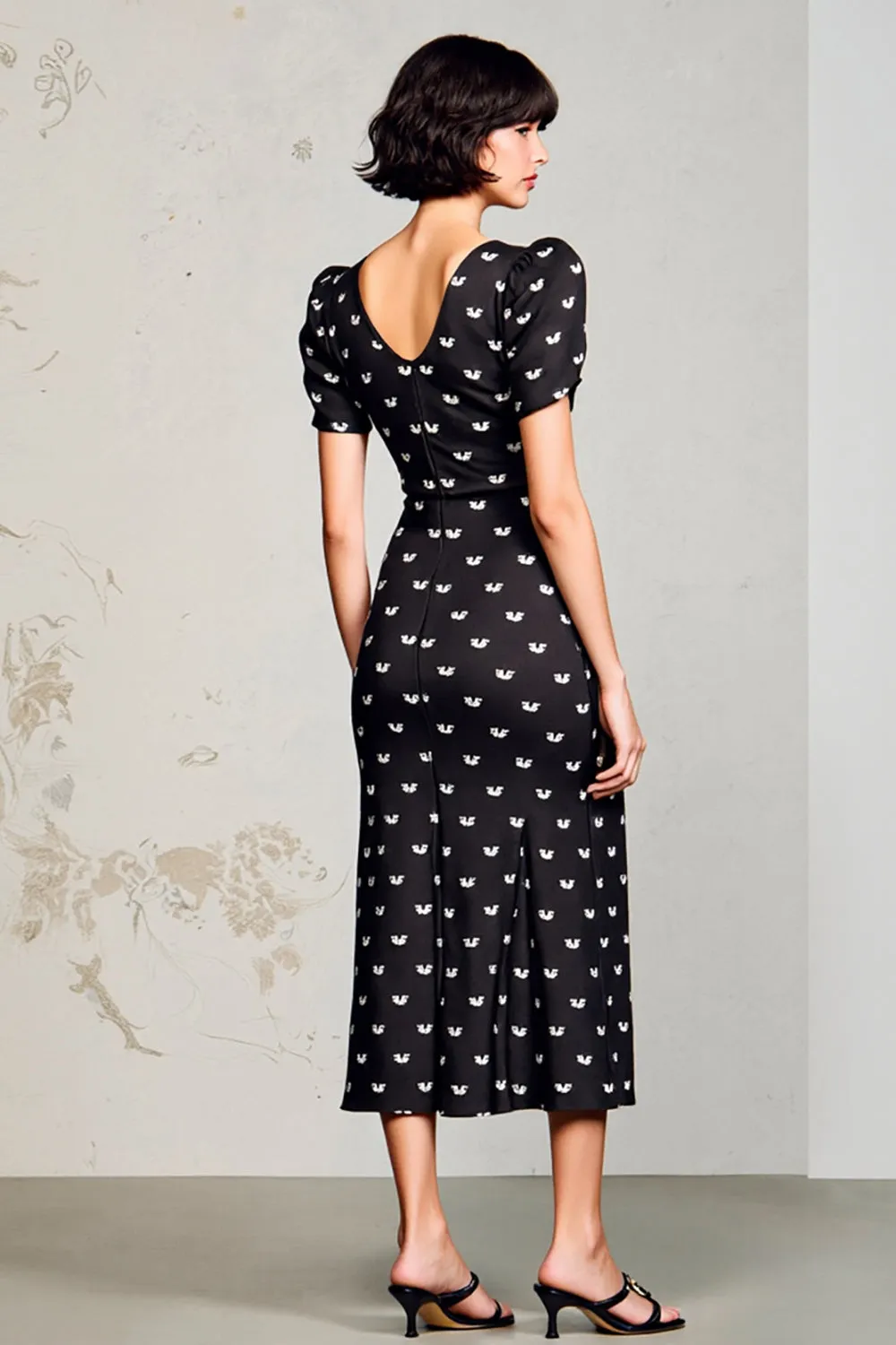 Black Satin V-Neck Long Wedding Guest Dress with Sleeves sold by Zapaka product image thumbnail 2