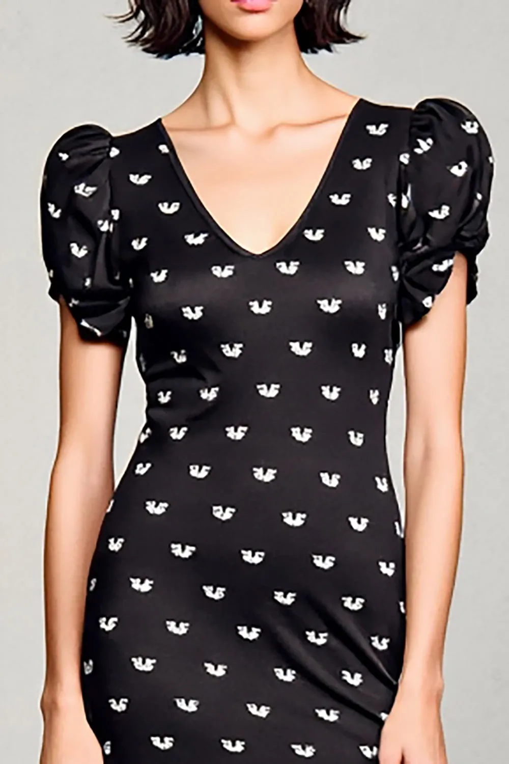 Black Satin V-Neck Long Wedding Guest Dress with Sleeves sold by Zapaka product image thumbnail 3