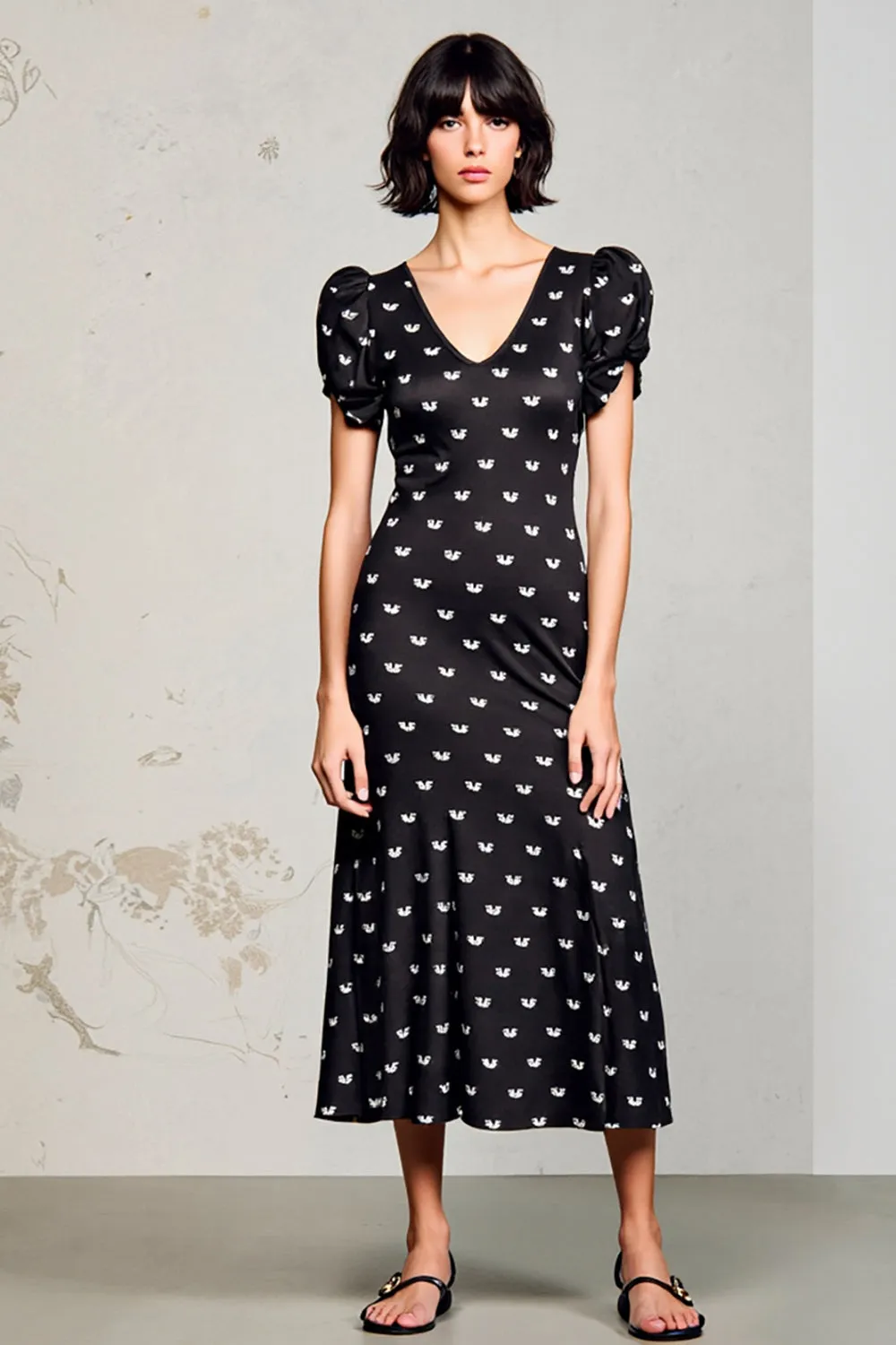 Black Satin V-Neck Long Wedding Guest Dress with Sleeves sold by Zapaka