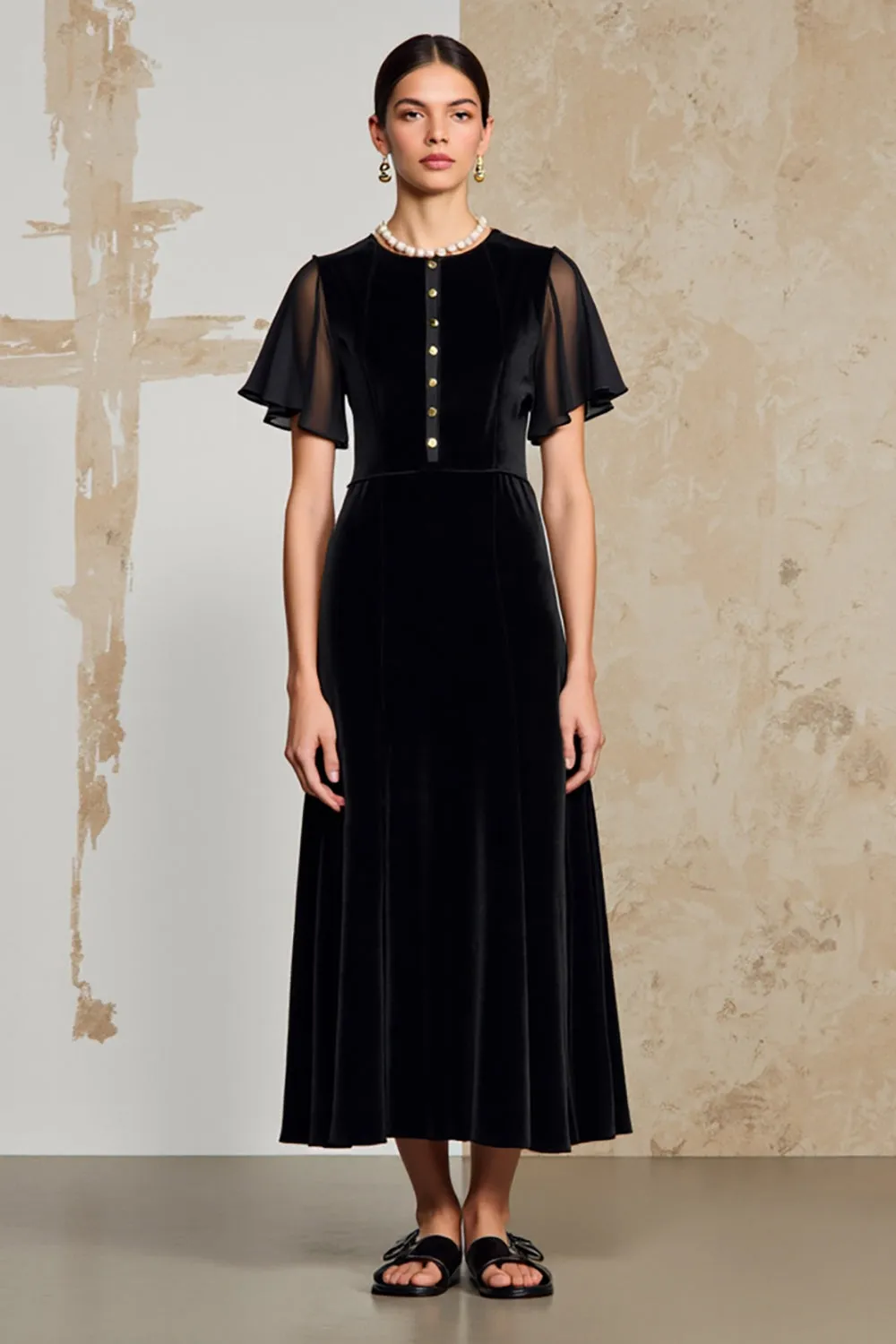 Black A Line Long Wedding Guest Dress with Sleeves sold by Zapaka