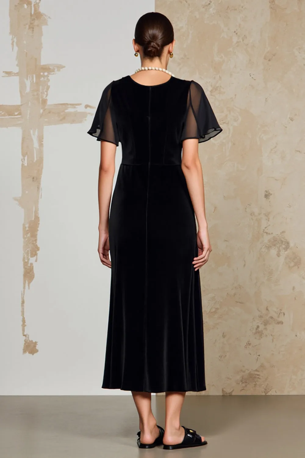 Black A Line Long Wedding Guest Dress with Sleeves sold by Zapaka product image thumbnail 2