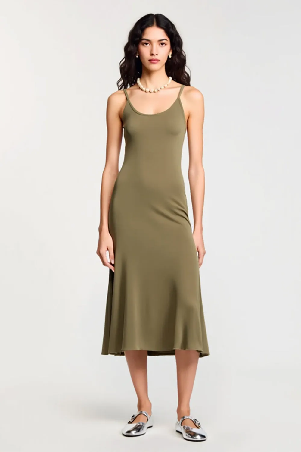 Olive Jersey Spaghetti Straps A Line Wedding Guest Dress sold by Zapaka
