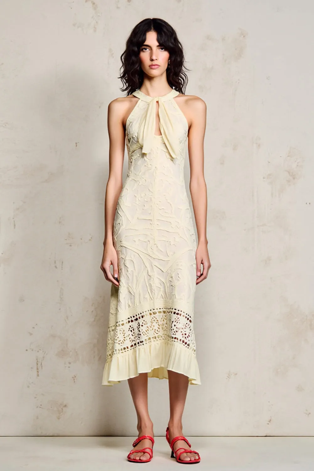 Apricot Lace Midi Wedding Guest Dress sold by Zapaka