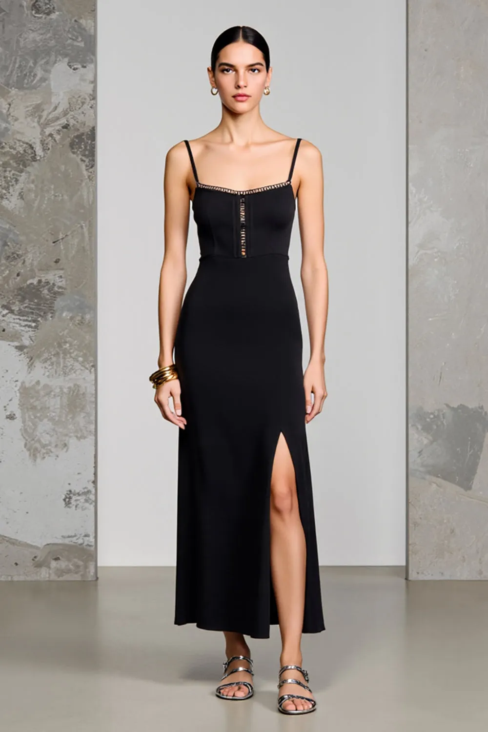 Black Sheath Spaghetti Straps Wedding Guest Dress with Slit sold by Zapaka