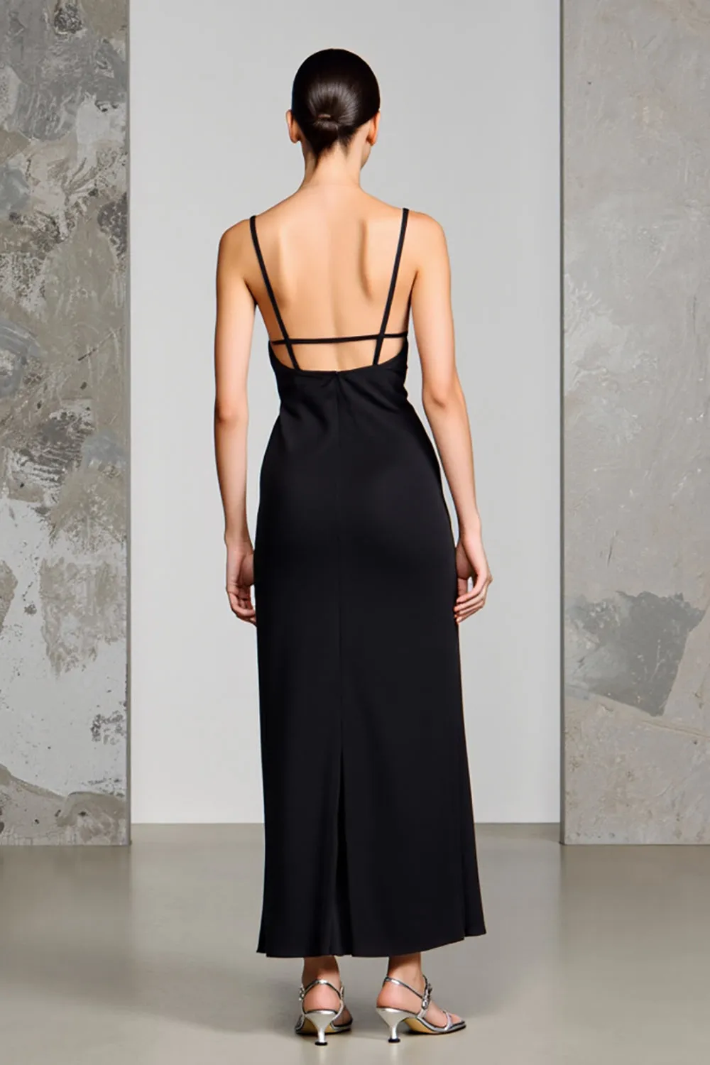 Black Sheath Spaghetti Straps Wedding Guest Dress with Slit sold by Zapaka product image thumbnail 2