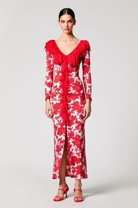Red Printed Satin V Neck Sheath Wedding Guest Dress sold by Zapaka