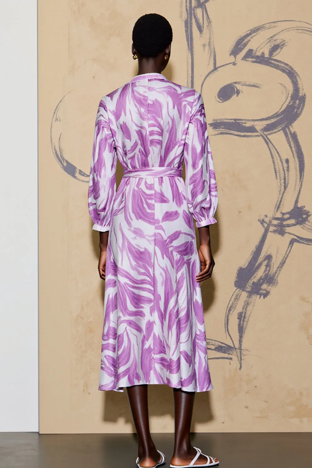 Long Sleeve Printed V Neck Purple Wedding Guest Dress With Sash sold by Zapaka product image thumbnail 2