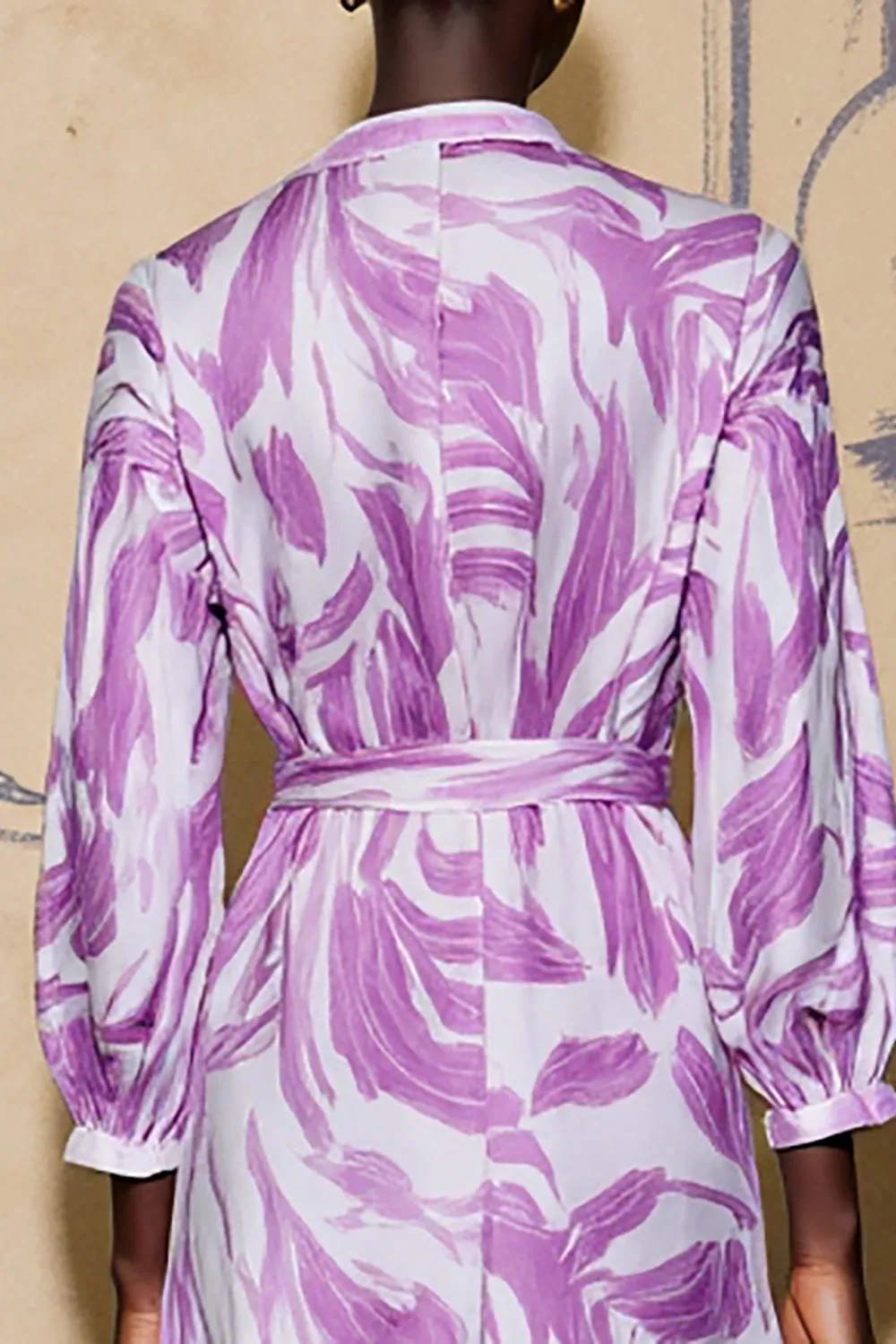 Long Sleeve Printed V Neck Purple Wedding Guest Dress With Sash sold by Zapaka product image thumbnail 4