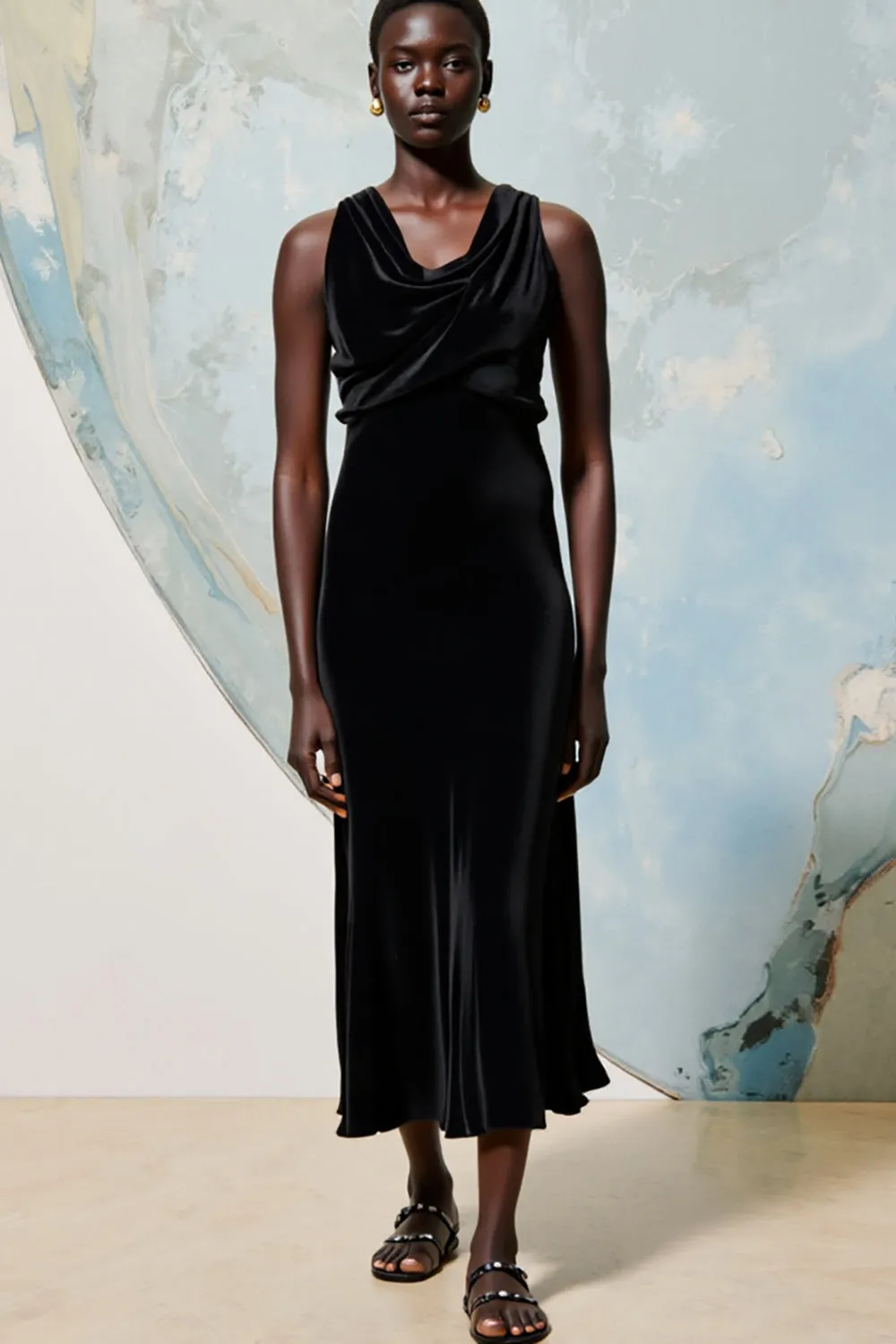 Cowl Neck Black A Line Midi Wedding Guest Dress sold by Zapaka