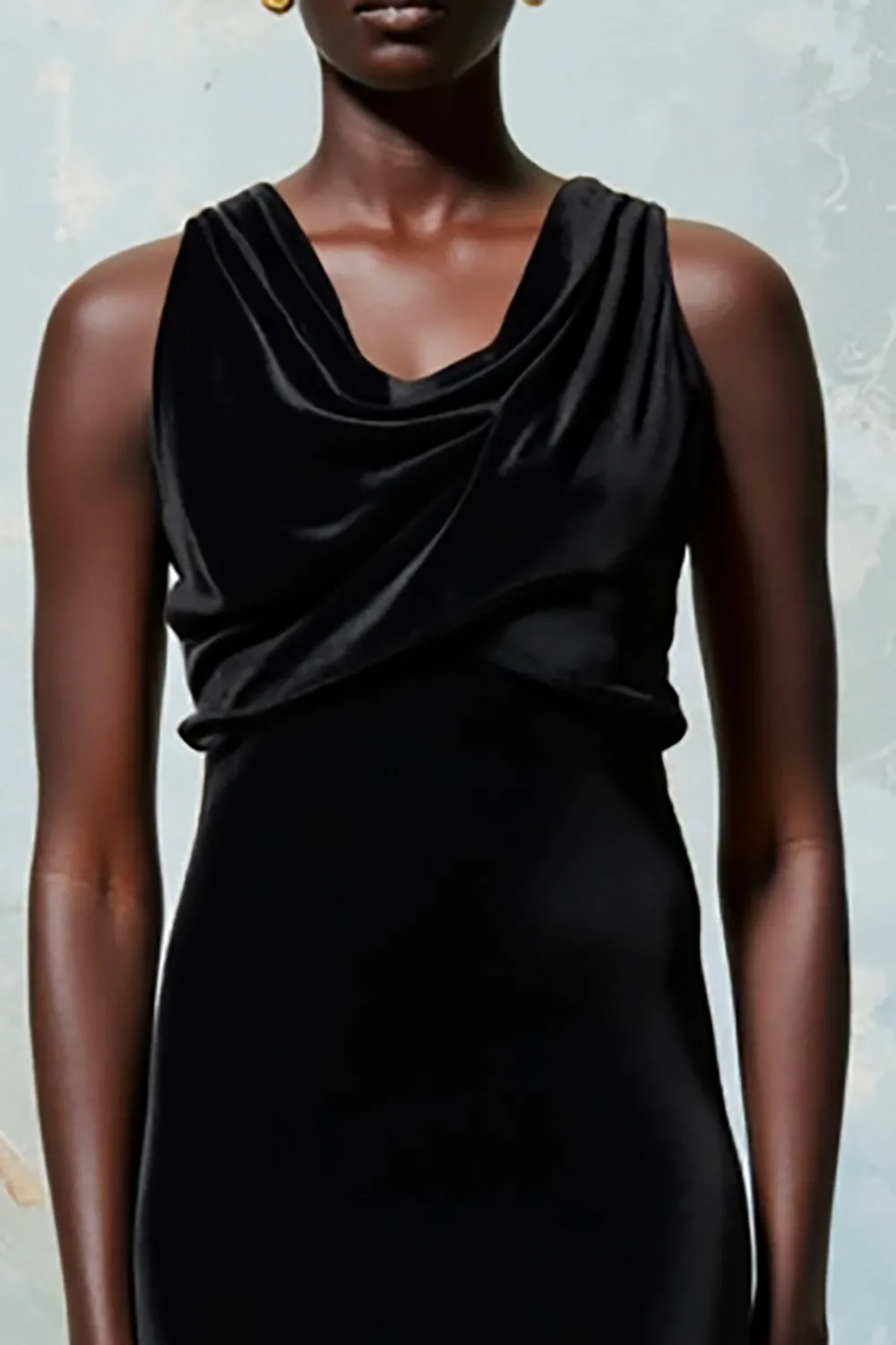 Cowl Neck Black A Line Midi Wedding Guest Dress sold by Zapaka product image thumbnail 3