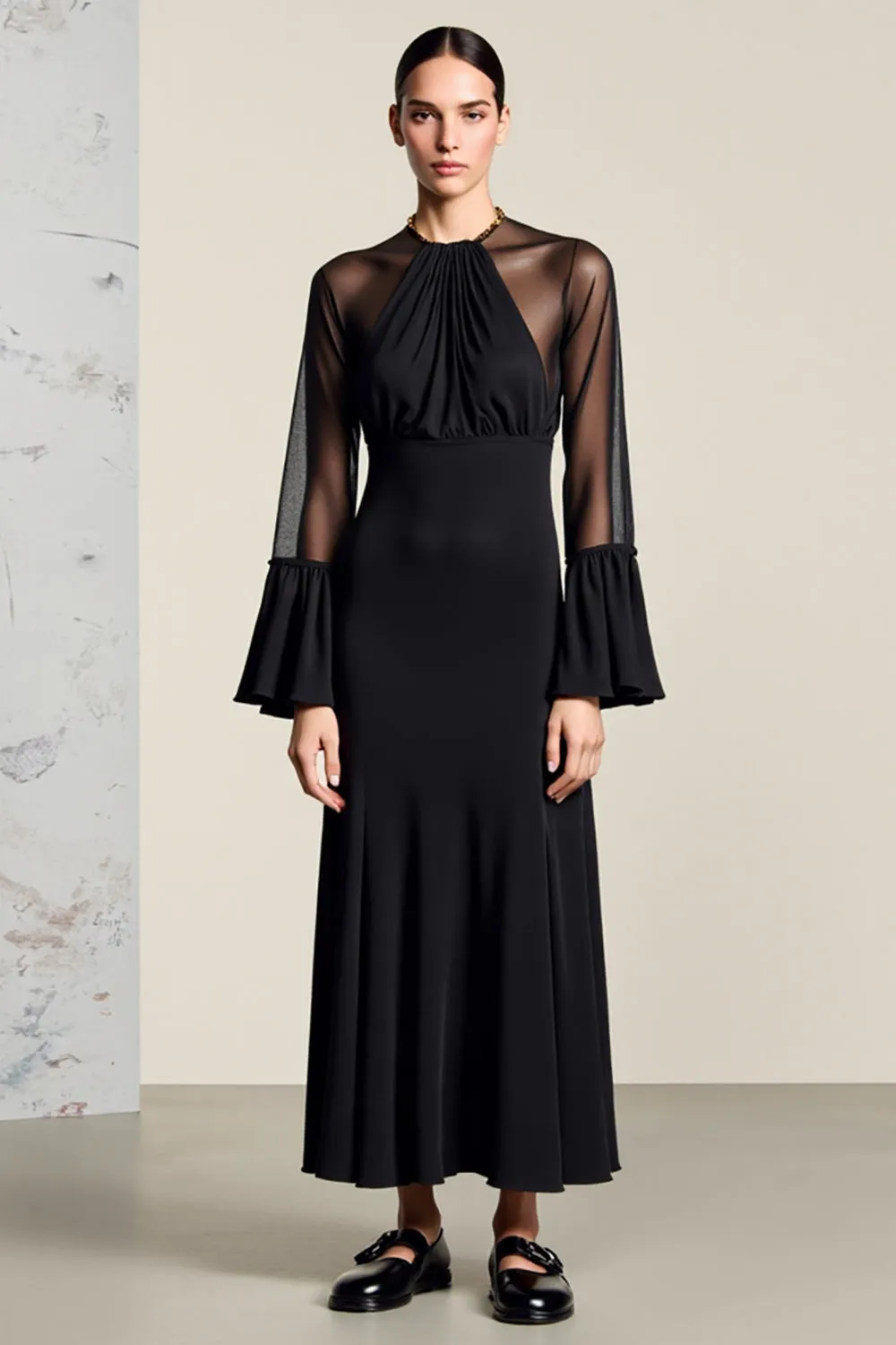Long Sleeve Black A Line Wedding Guest Dress sold by Zapaka