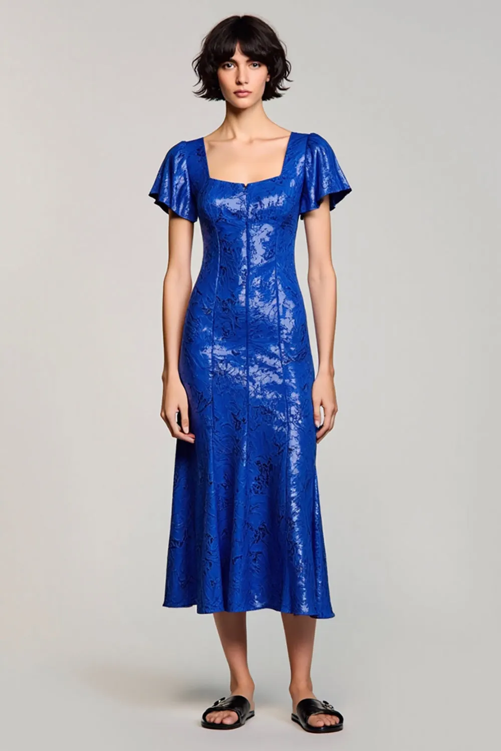 Sparkly Royal Blue Sequins Square Neck Wedding Guest Dress sold by Zapaka