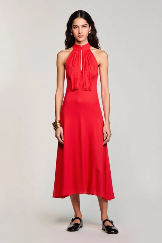 Halter Red Ruched A Line Wedding Guest Dress sold by Zapaka